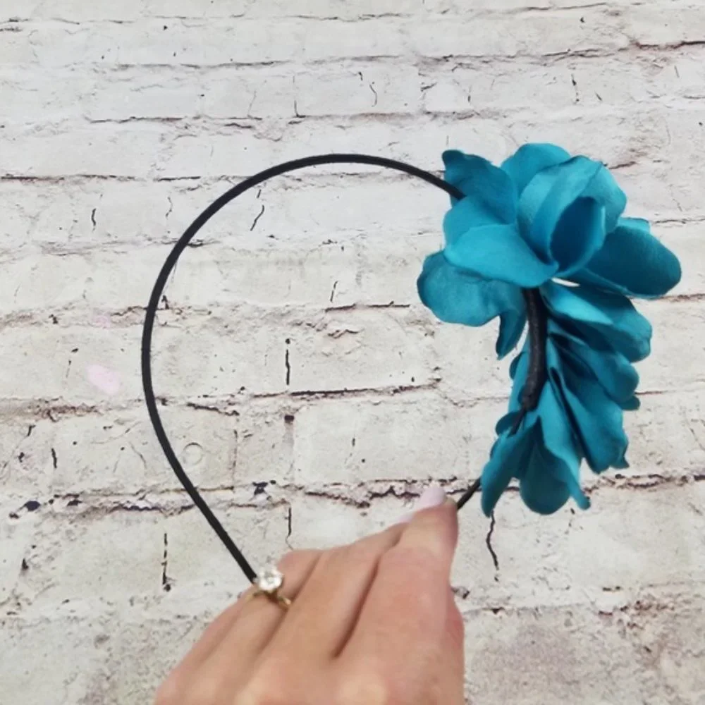 Handmade Head Band Black Skinny Headband Teal Ruffle Preppy Hair Accessories
